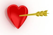 Red Heart Pierced On A Wall With A Golden Arrow Stock Photo