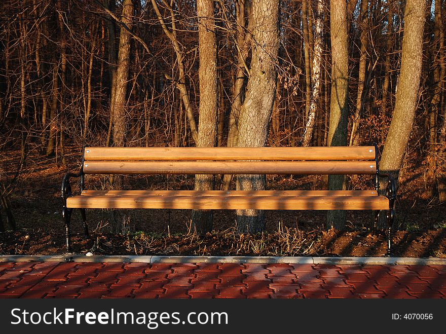 Park bench at sunset with backlight