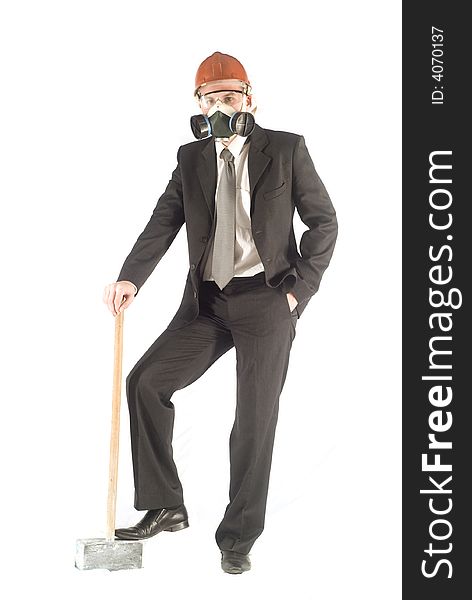 Businessman in mask with hammer on the white background. Businessman in mask with hammer on the white background