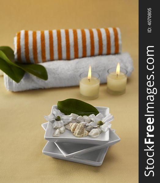Candles, towels and spa stones. Candles, towels and spa stones