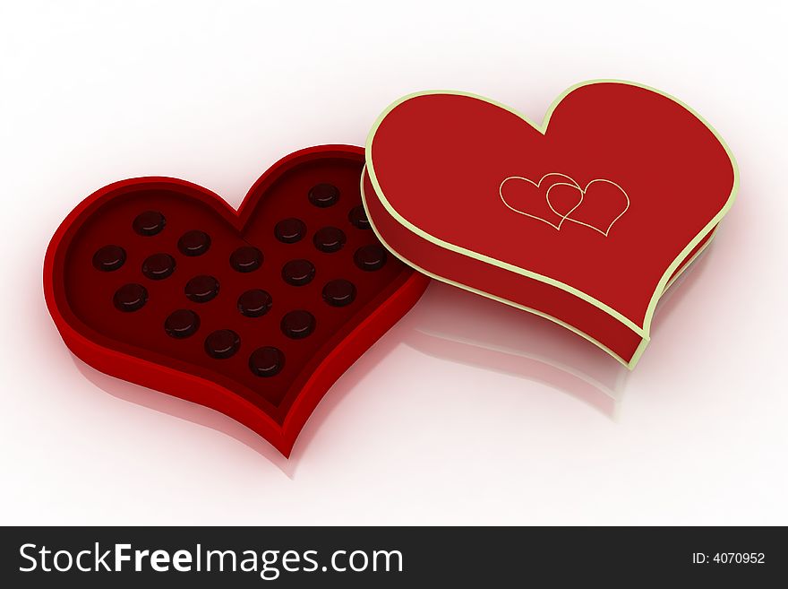 Opened heart shaped box with chocolates on white b