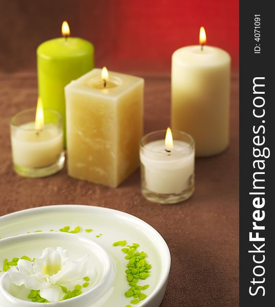 Candles, towels and spa stones. Candles, towels and spa stones