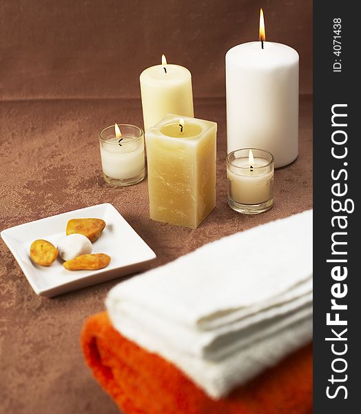 Candles, towels and spa stones. Candles, towels and spa stones