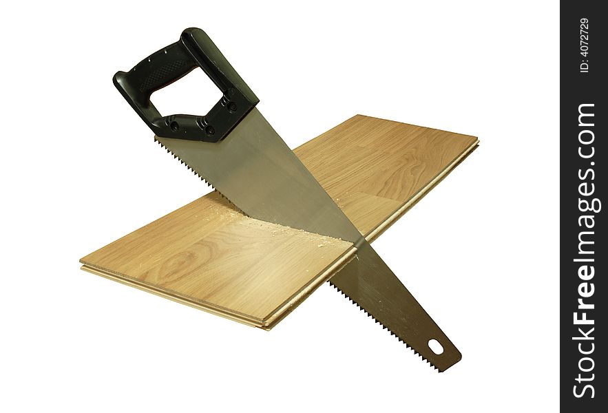 Steel hacksaw in sawed wooden board. Steel hacksaw in sawed wooden board