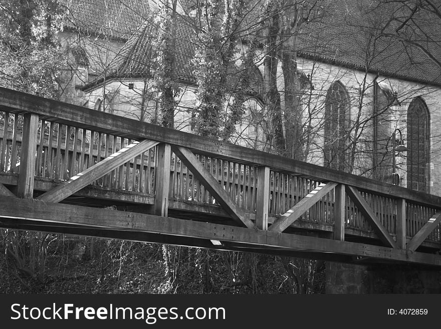 Bridge and church, black and white