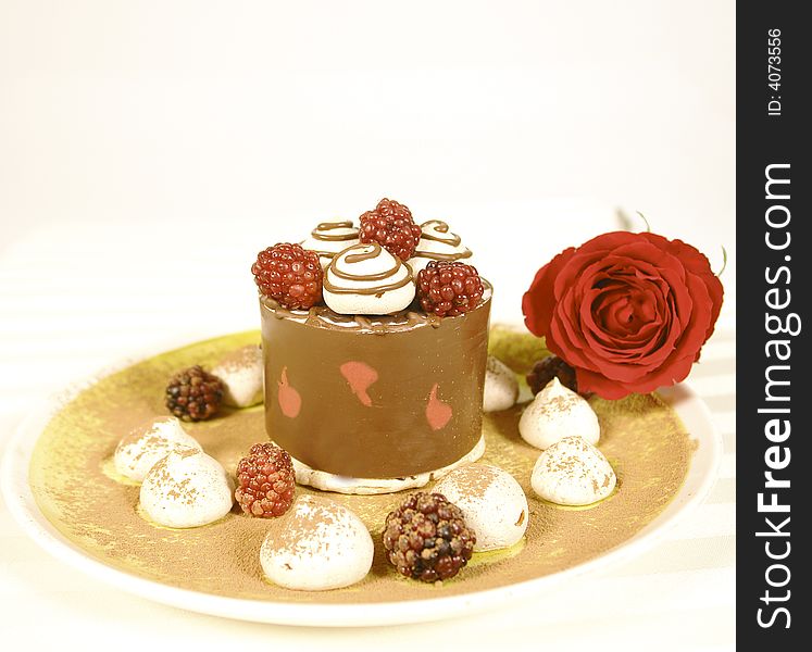 Chocolate valentines day cake with berries and rose. Chocolate valentines day cake with berries and rose