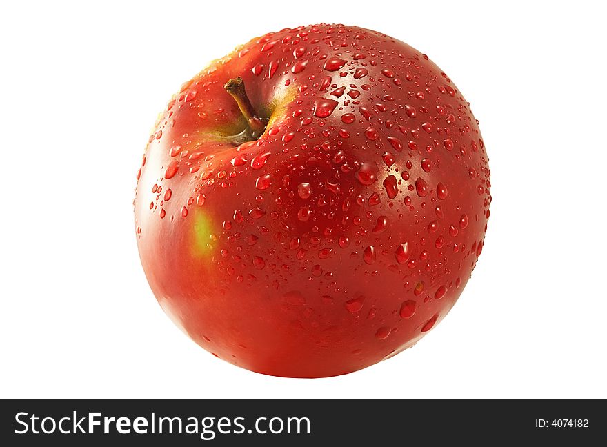 Red apple with water drops. Over white background