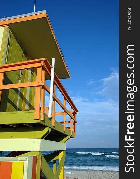 Partial view of Green and Yellow, Art Deco Lifeguard Tower in South Beach, Florida. Partial view of Green and Yellow, Art Deco Lifeguard Tower in South Beach, Florida