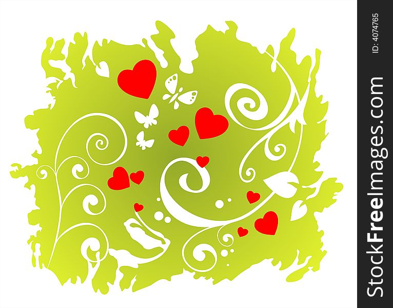 White romantic vegetative curls and hearts on a green grunge background. White romantic vegetative curls and hearts on a green grunge background.
