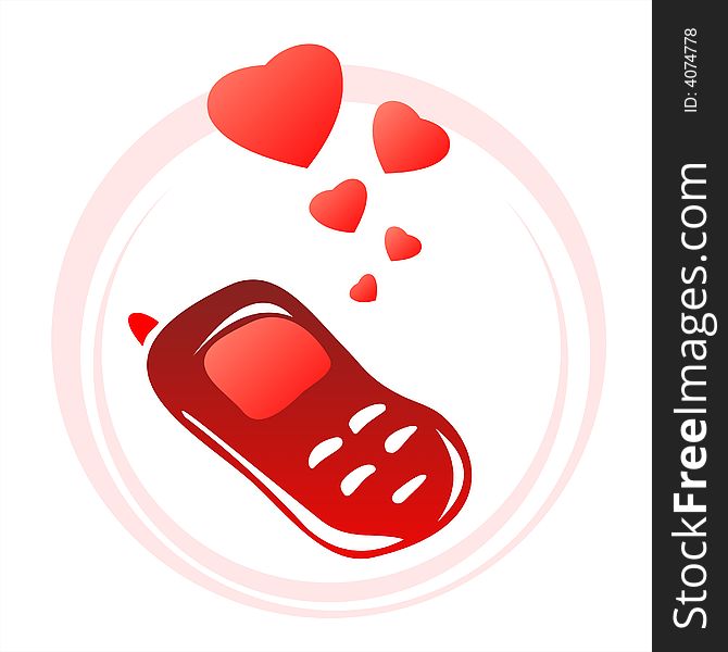 Red stylized phone and hearts on a white background. Valentine's illustration.