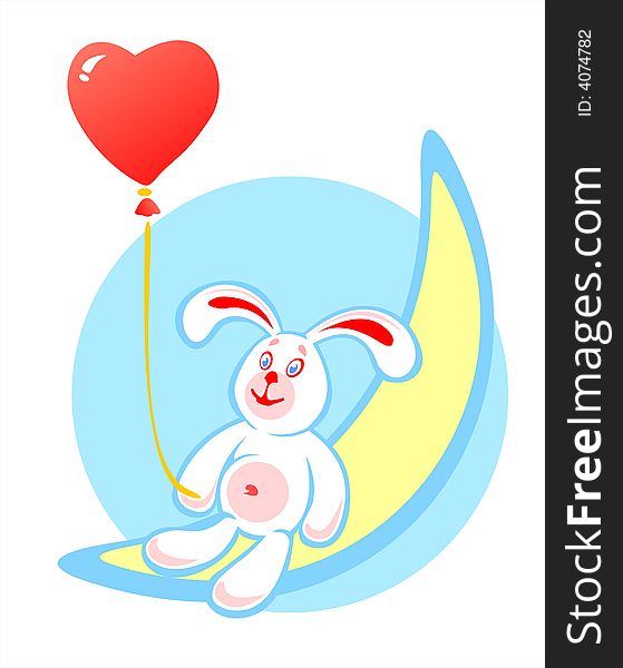 The stylized rabbit with a red balloon sits on the moon.  Valentines illustration. The stylized rabbit with a red balloon sits on the moon.  Valentines illustration.