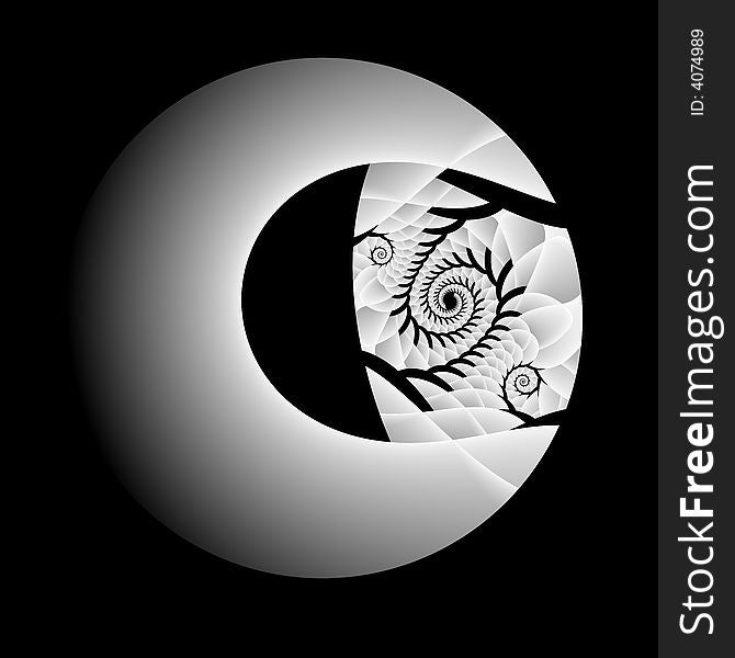 A circular minimalist fractal hanging in space that is done in black and white. A circular minimalist fractal hanging in space that is done in black and white.