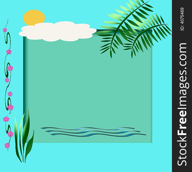 Scrapbook frame with tropical accents on cutout center. Scrapbook frame with tropical accents on cutout center