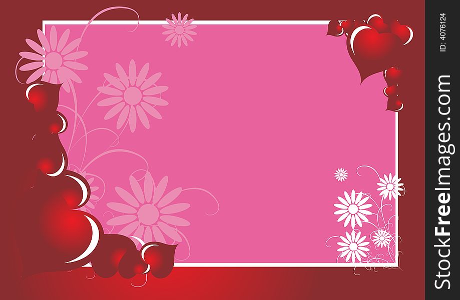 Floral valentine postcard with red frame and pink background. Floral valentine postcard with red frame and pink background