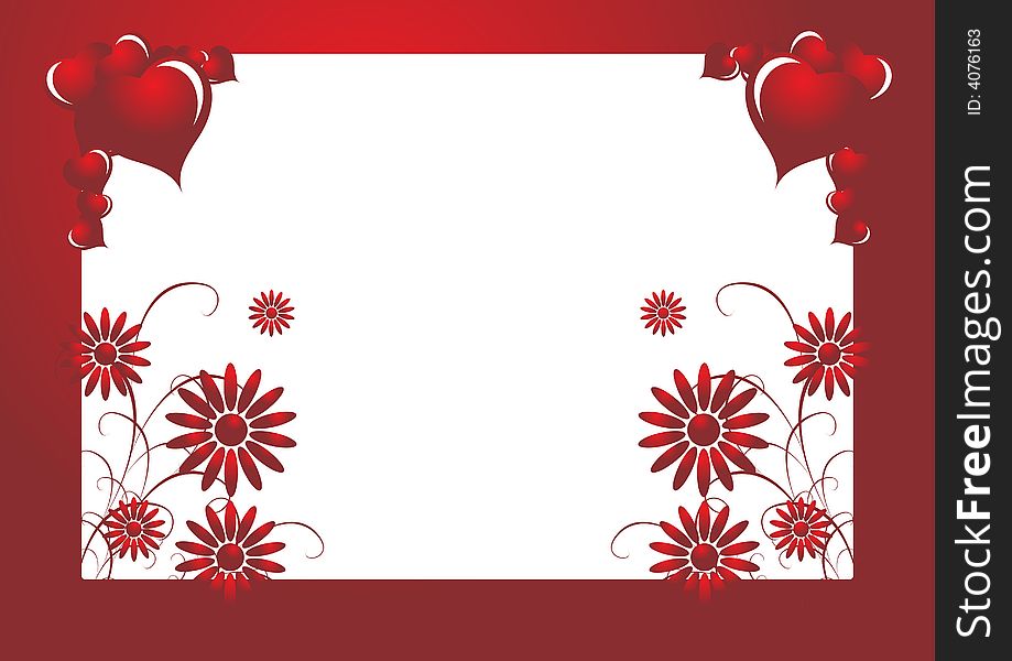 Valentine floral postcard frame with red hearts. Valentine floral postcard frame with red hearts