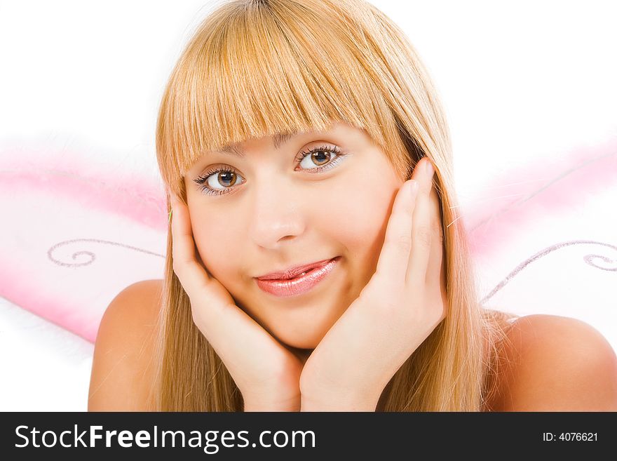 Woman with pink wings of  butterfly