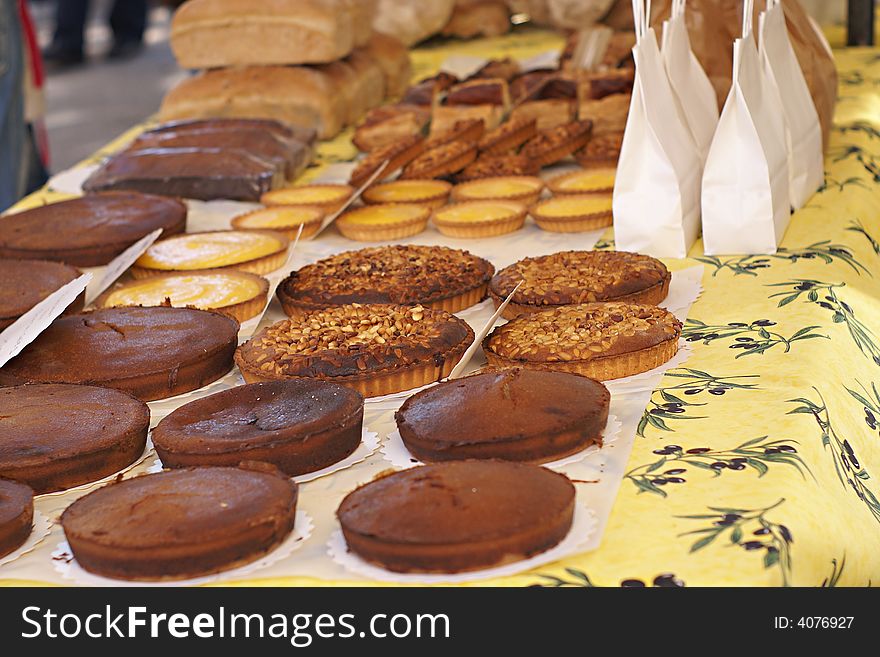 Traditionnal cakes exposed in a french market (village of La Garde-Freinet French Riviera. Traditionnal cakes exposed in a french market (village of La Garde-Freinet French Riviera.