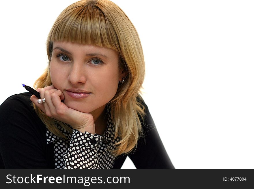 Young woman with pen in office. Young woman with pen in office