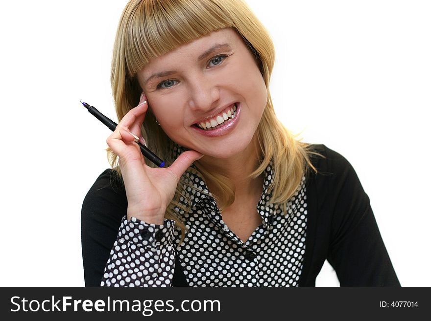 Young woman with pen is smiling in office. Young woman with pen is smiling in office