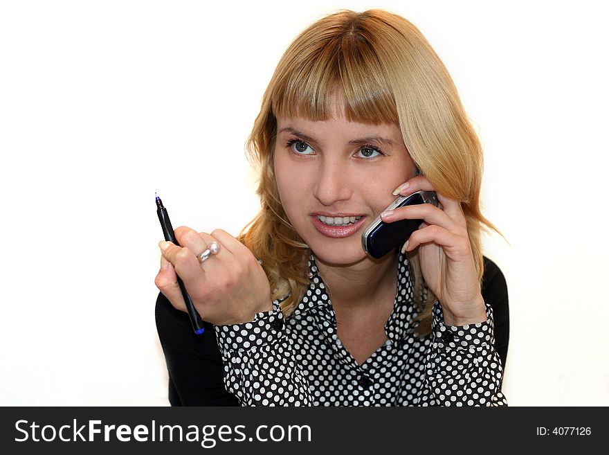 Young woman with mobile phone is smiling in office