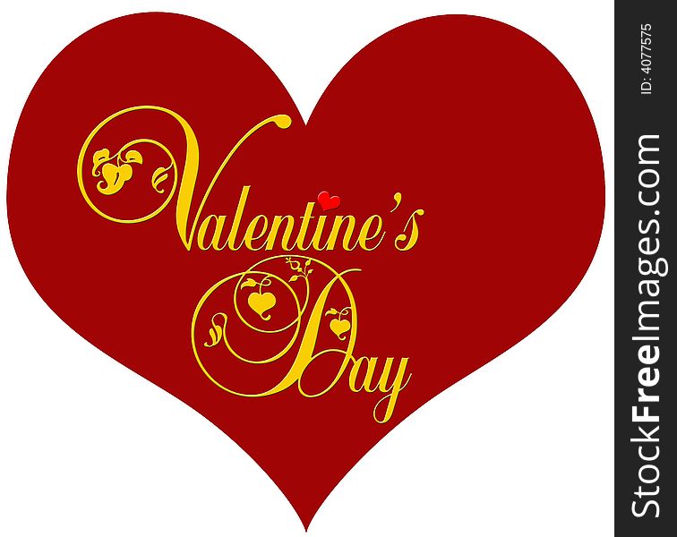 The golden lettering Valentine's Day with decorative elements on a red heart