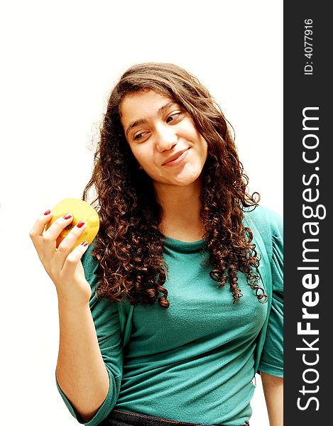 Young girl and apple.