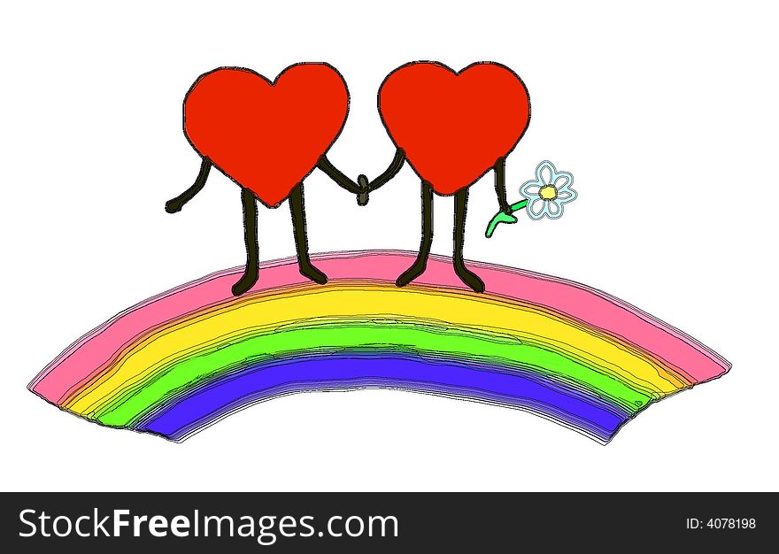 Two hearts on rainbow on white background