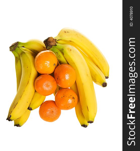 Bananas and oranges on a white background
