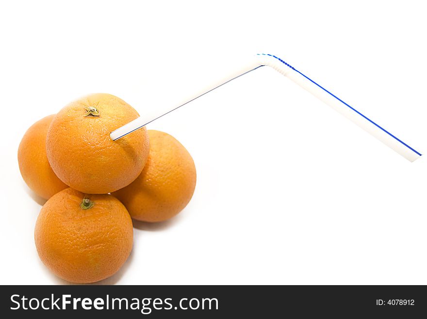 Three citrus fruit, fresh oranges with drinking Straw, isolated over white. Three citrus fruit, fresh oranges with drinking Straw, isolated over white