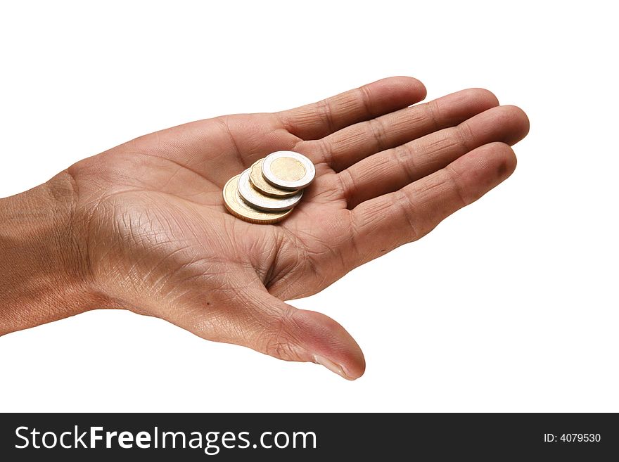 Hand with some coins and white background. Hand with some coins and white background