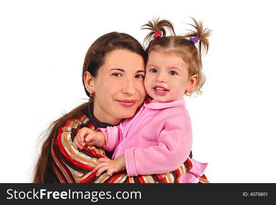 Daughter and mother on white background