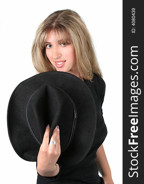 Beauty blonde girl with black hat on white background