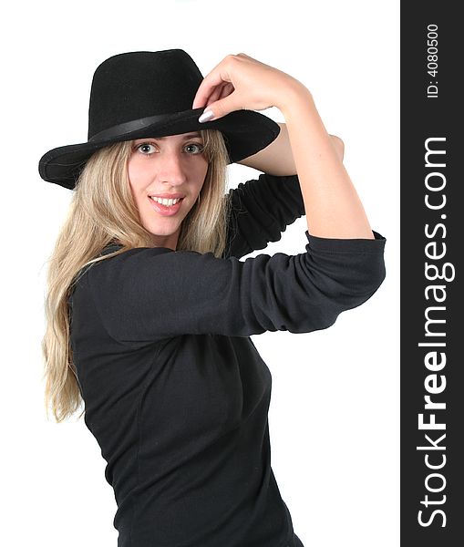 Beauty blonde girl with black hat on white background