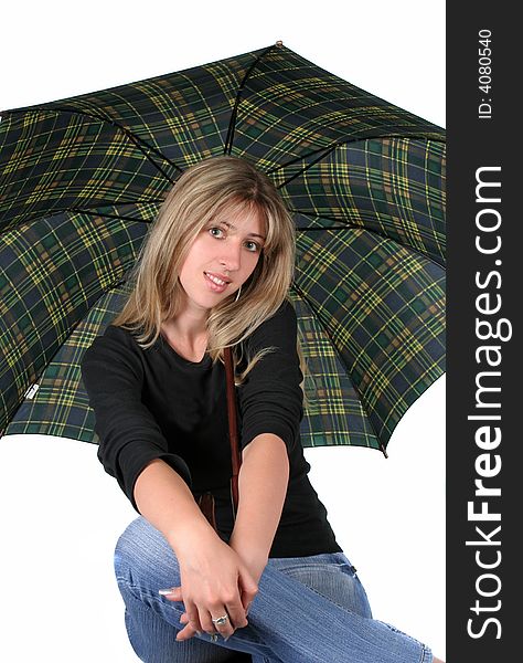 Beauty blonde girl with an umbrella on white background