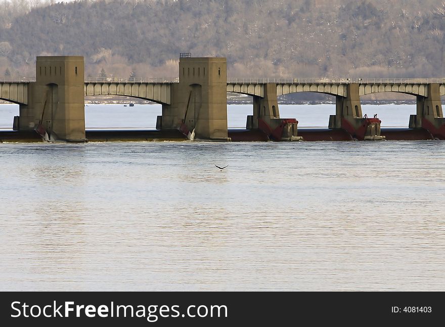 Bridge over the Mississippi River and a bald eagle flying in front of it. Bridge over the Mississippi River and a bald eagle flying in front of it.