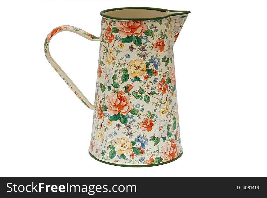 Coffee pot decorated with flowers, isolated on white.