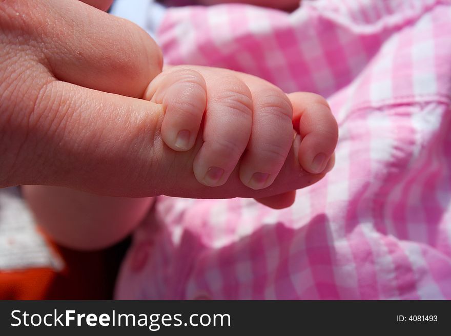 Newborn baby girl holding her father's finger. Newborn baby girl holding her father's finger