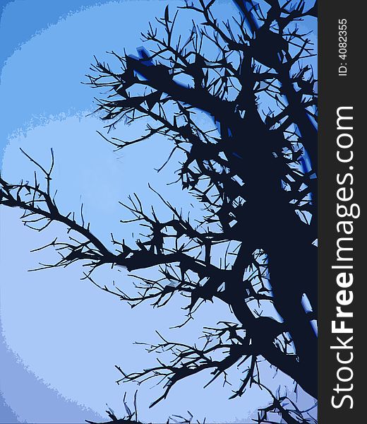 Illustration of a blue tree in the moonlight