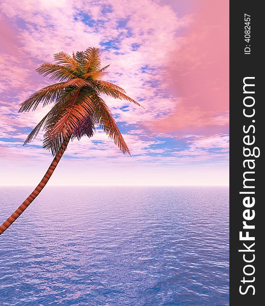Coconut palm and blue sky with clouds - 3D scene.