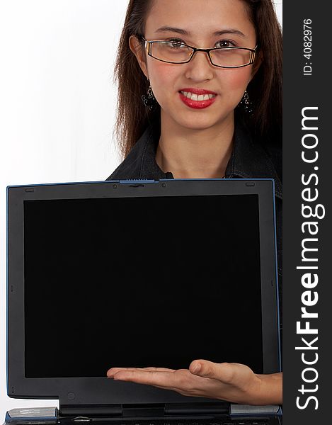 Businesswoman showing her laptop - blank space to put message