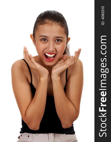 Surprised teenage girl isolated on white background