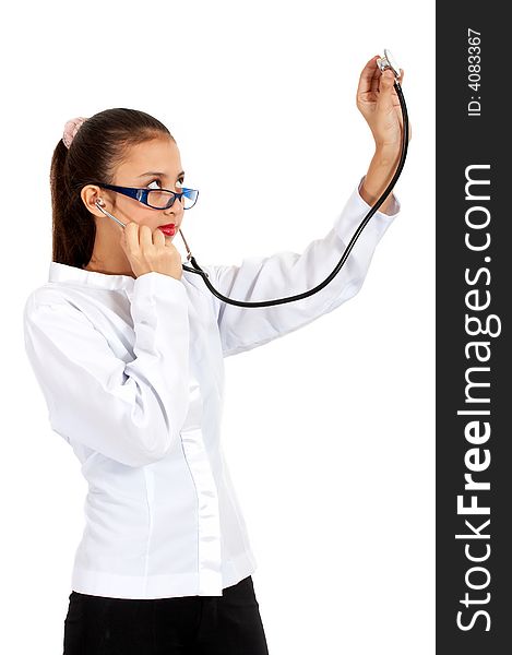 Female doctor holding a stethoscope standing on white background