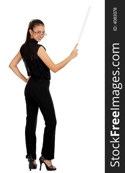 Female instructor holding a stick pointing on white background