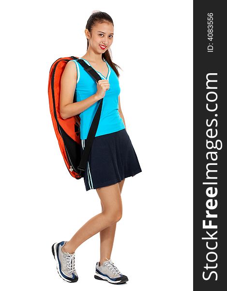 Girl with the backpack on a white background