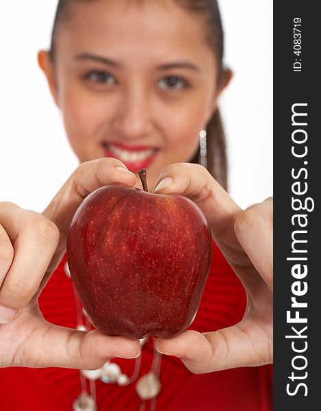 Lovely lady holding juicy red apple. Lovely lady holding juicy red apple