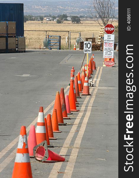 A row of cones at the recycleing plant