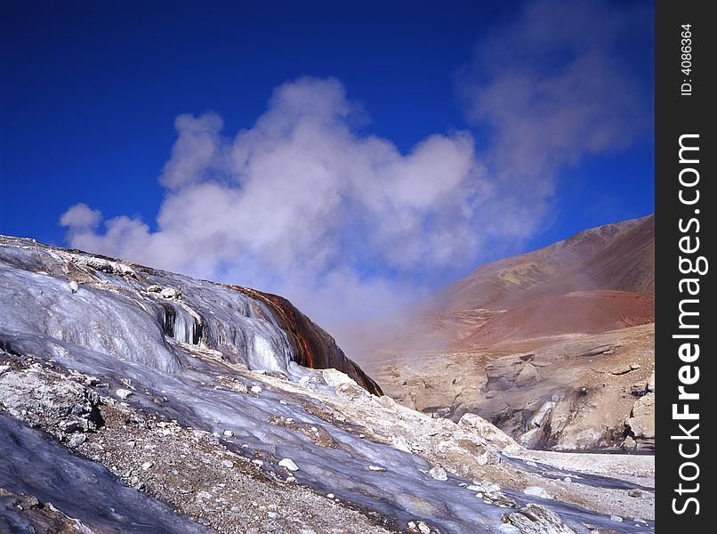 A warm spring in Tibetan, in winter there are much ice around it, so it is interesting ,heat and cold, ice and vapour