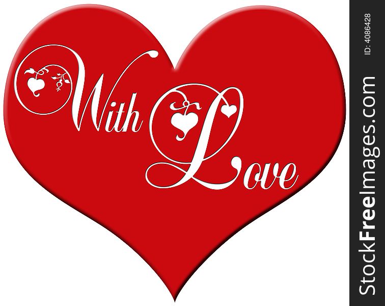 Red plastic heart with the white lettering with love with decorative elements