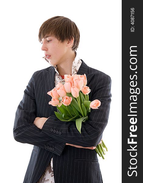 The young casual man with flowers on a white background(Sight aside)