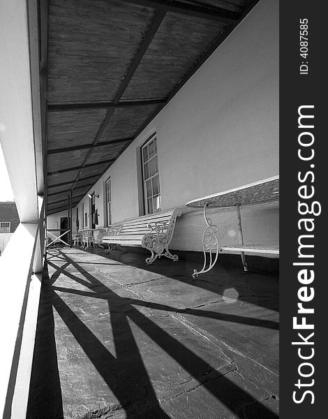 Perspective image of a patio in black and white